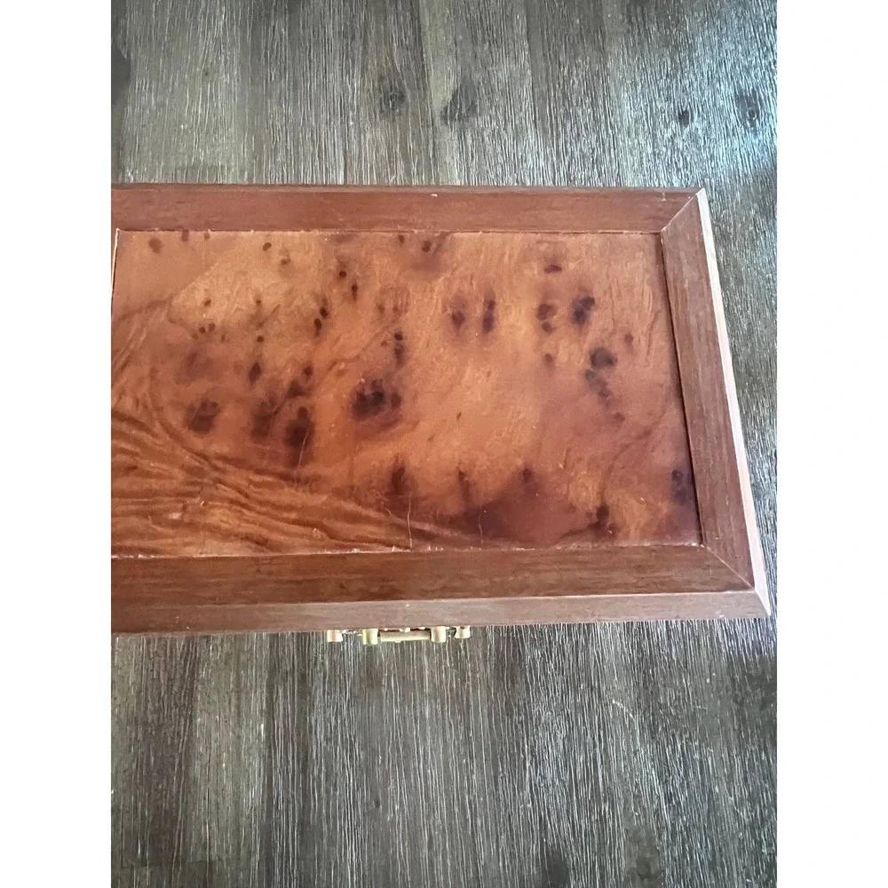 Vintage Burl Wood Jewelry Box Chest Brass Hardware 2 Drawers Necklace Hooks 10in